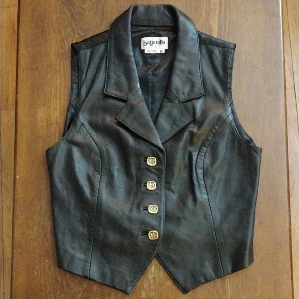 90s Bagatelle Sleeveless Black Leather Moto Vest w/ Gold Buttons, Medium Vintage